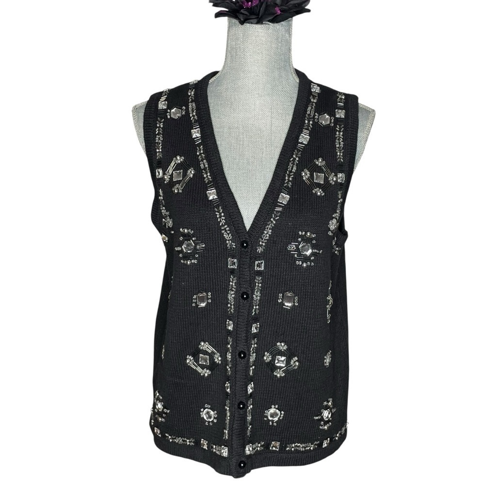 Vintage 90s SML Sport Black Knit Vest M Beaded Sequin Embellished Ramie Cotton